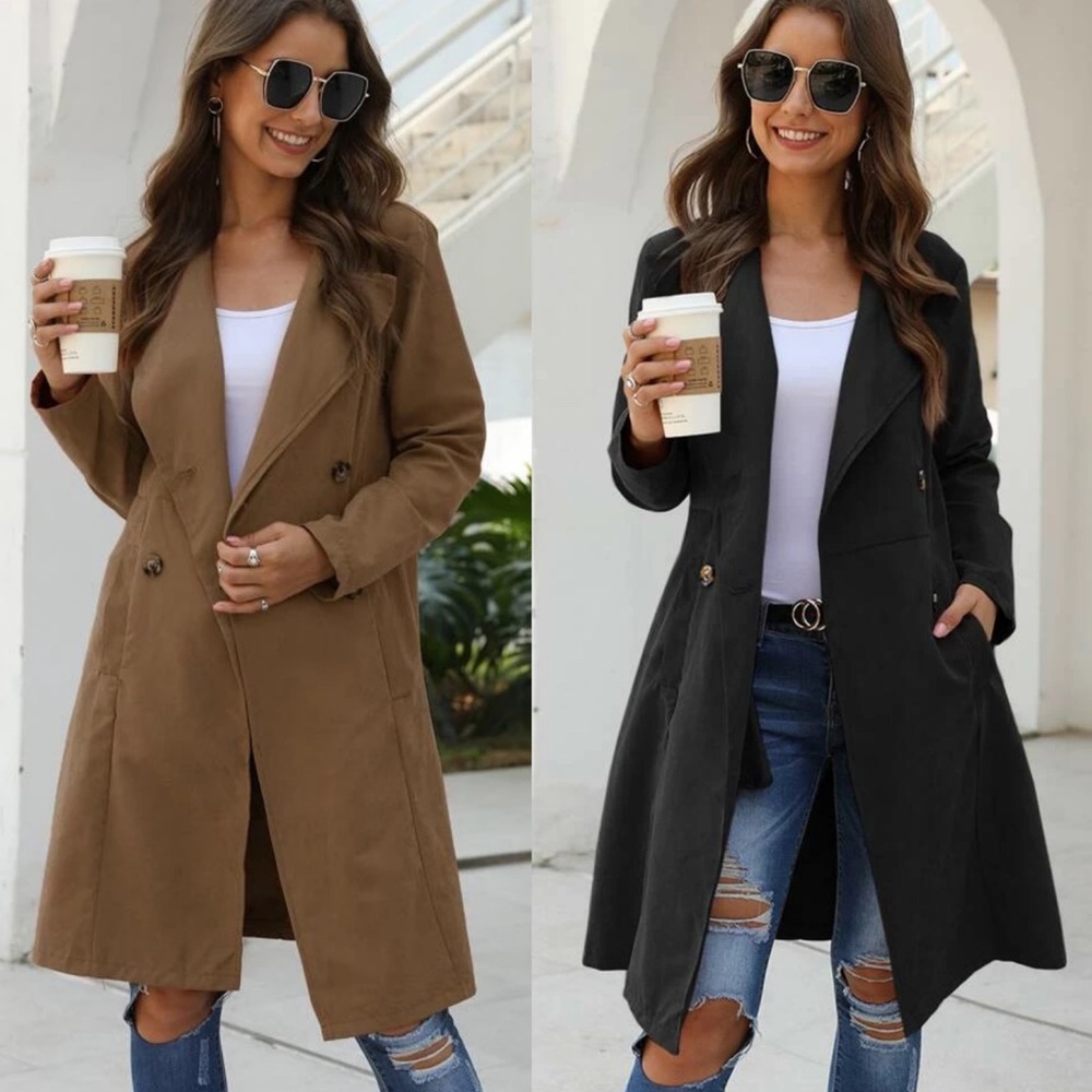 Double breasted trench coat jacket long black - Picture 3 of 5